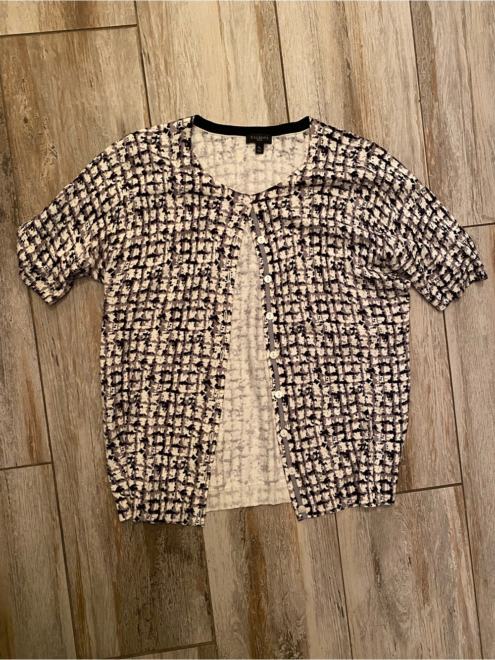 Talbots Short-Sleeve Button Cardigan, Black/White/Tan, Size Medium Petite